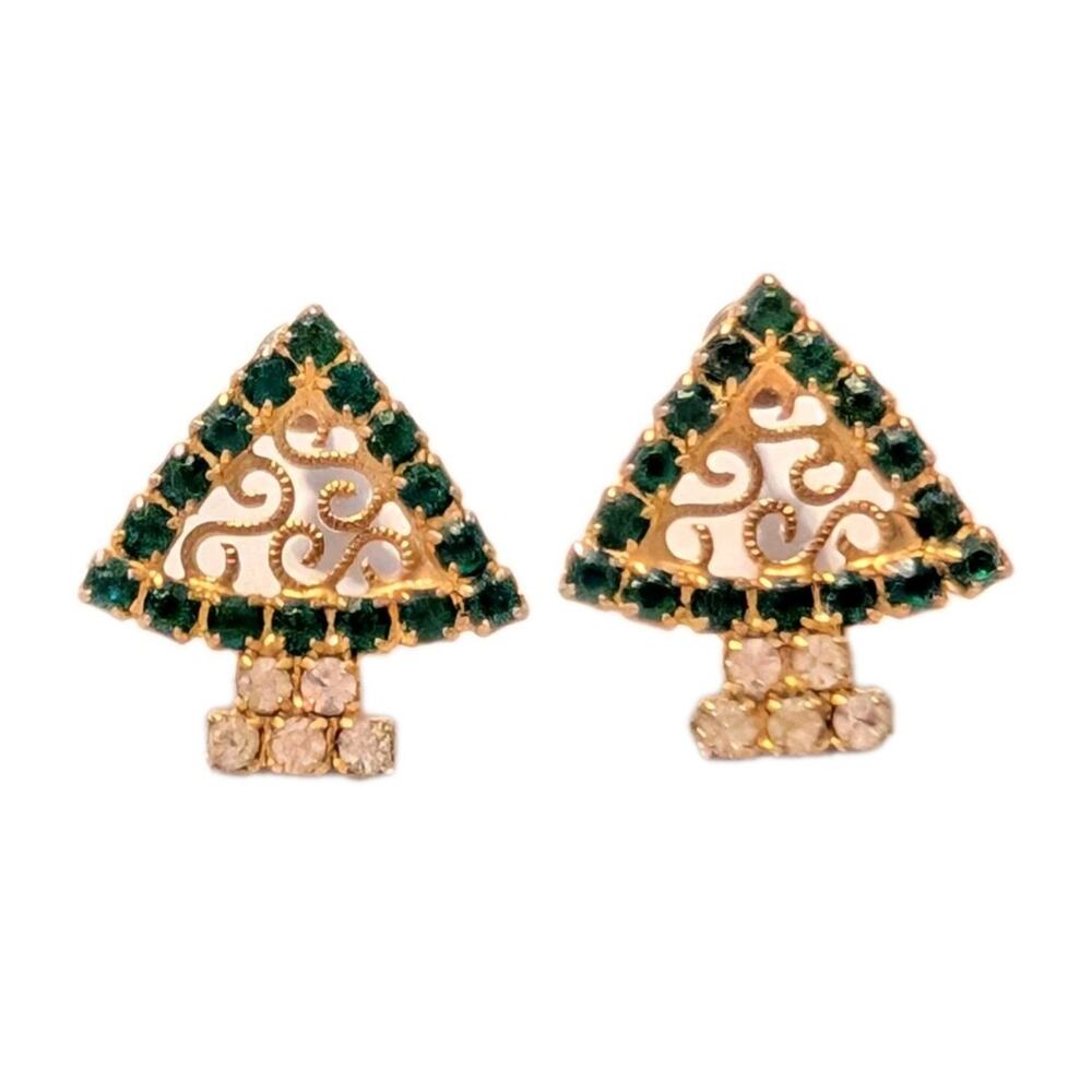 Vintage Christmas Tree Pierced Earrings Green Rhinestones‎ Gold-tone Festive h-